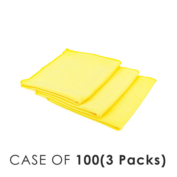 Standard Waffle Weave Yellow layered view with the text "Case of 100 (3 Packs)" on a white background.