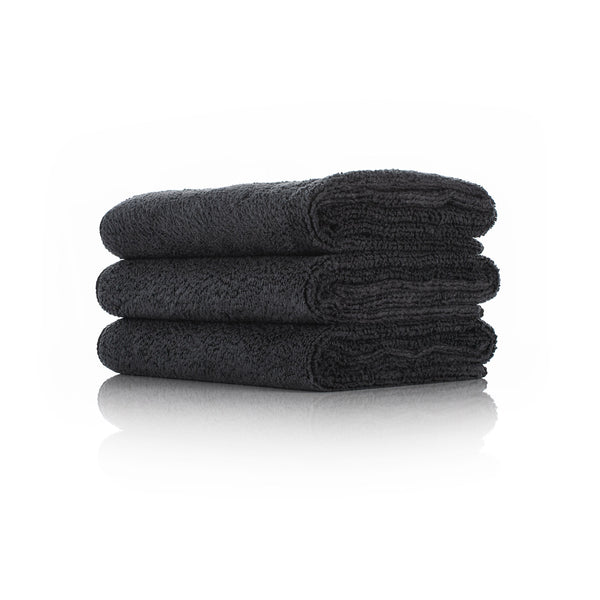 The Rag Company Spa and Workout 16x27 black 3 pack stacked view on a white background.