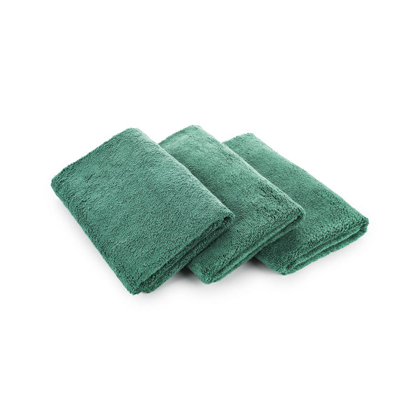 The Rag Company Spa and Workout 16x27 dark green 3 pack layered view on a white background.