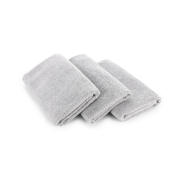 The Rag Company Spa and Workout 16x27 ice grey 3 pack layered view on a white background.