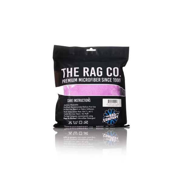 The Rag Company Spa and Workout 16x27 lavender 3 pack packaging back view on a white background.