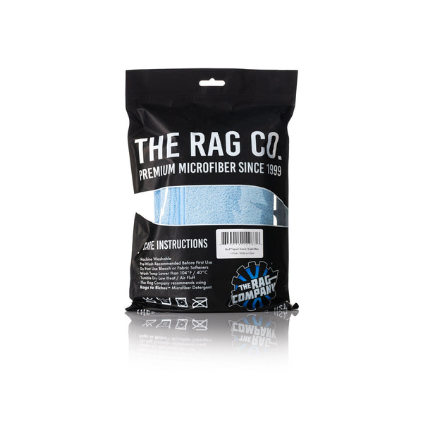 The Rag Company Spa and Workout 16x27 light blue 3 pack packaging back view on a white background.