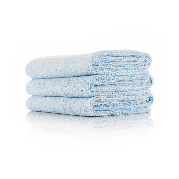 The Rag Company Spa and Workout 16x27 light blue 3 pack stacked view on a white background.