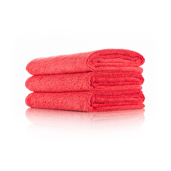 The Rag Company Spa and Workout 16x27 red 3 pack stacked view on a white background.