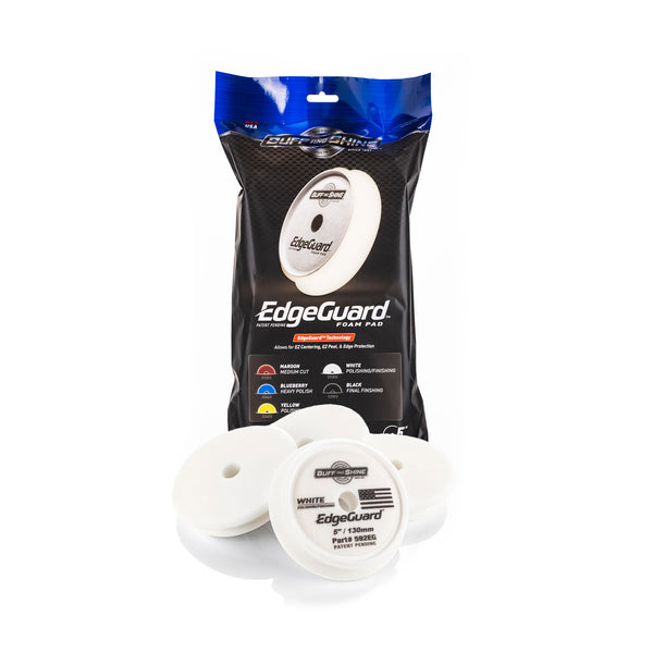 Buff and Shine Edgeguard 5in white 4 pack and packaging on a white background.