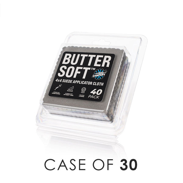Buttersoft Suede applicator 4x4 packaging view with the text "Case of 30" on a white background.