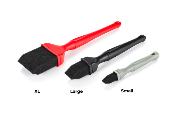 Detail Factory Foam Applicator sizing chart of small(grey), large(black), and x-large(red) on a white background.