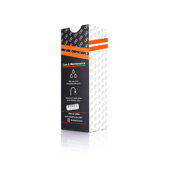 The back of the packaging for the XL Detail Factory Tire Scrub Brush on a white background.
