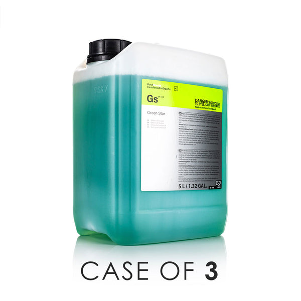 KochChemie Green Star 5 Liter bottle front view with the text "Case of 3" on a white background.