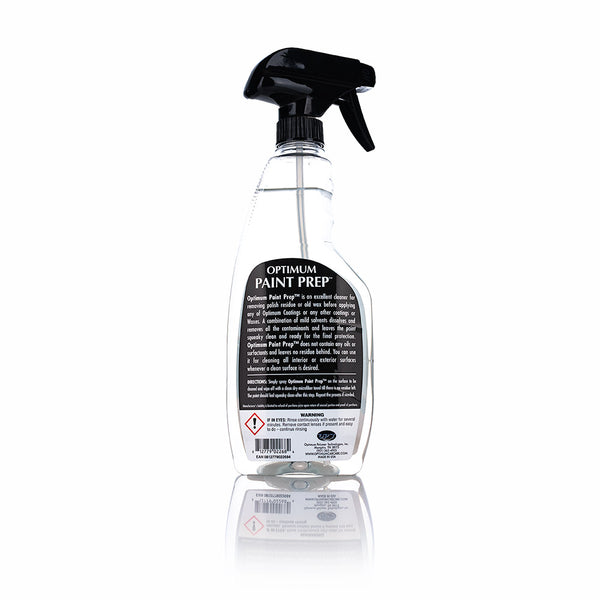 The back of a spray bottle of Optimum Paint Prep on a white background.