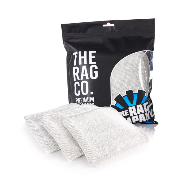 Premium FTW 16 x 16 Ice Grey 3 Pack of towels with packaging on a white background.