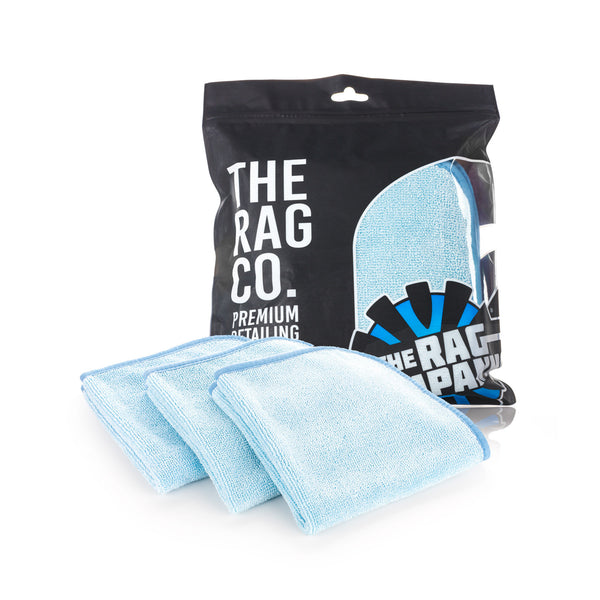 Premium FTW 16 x 16 Light Blue 3 Pack of towels with packaging on a white background.