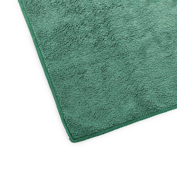 The Rag Company Spa and Workout 16x27 dark green 3 pack corner view on a white background.