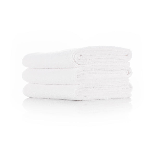 The Rag Company Spa and Workout 16x27 white 3 pack stacked view on a white background.