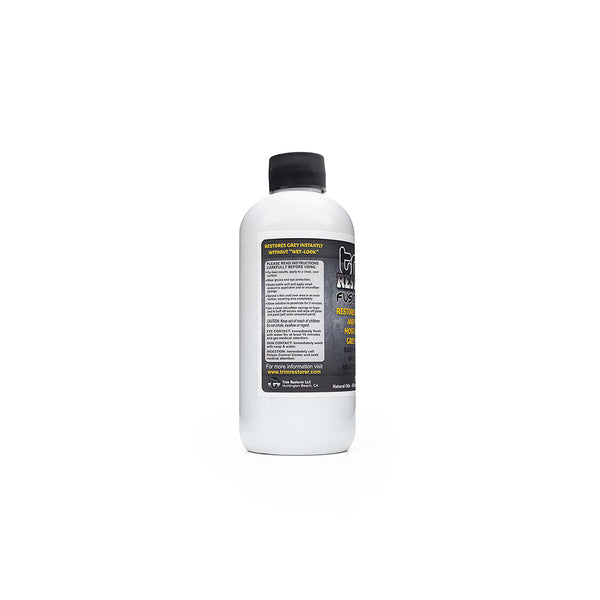 Solution Finish Fusion Grey Restorer bottle side label on a white background.