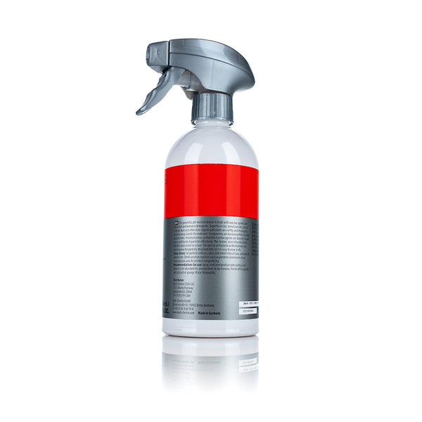 The back of a spray bottle of Koch chemie Reactive Rust Remover on a white background.