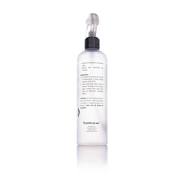 The back of a spray bottle of Opti-Coat Glass Cleaner on a white background.