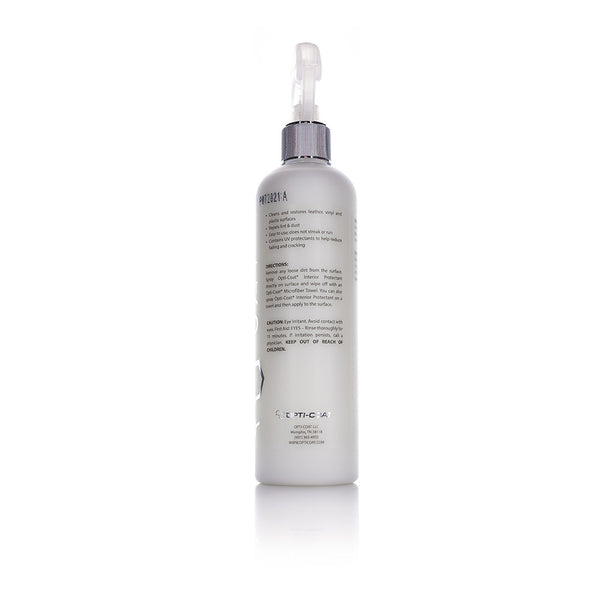 The back of a spray bottle of Opti-Coat Protectant Plus on a white background.
