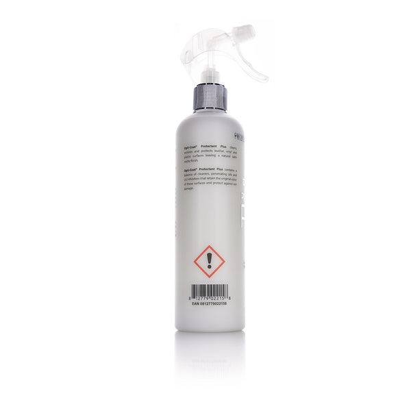 The back of a spray bottle of Opti-Coat Protectant Plus on a white background.