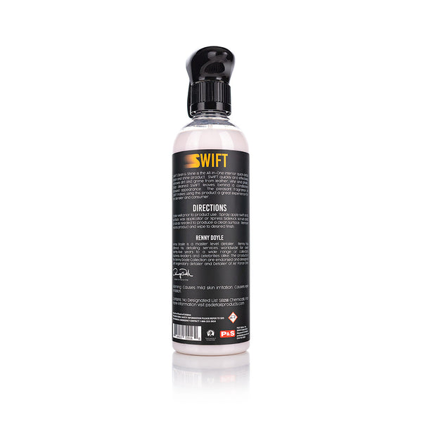 The back of a spray bottle of P and S Swift on a white background.