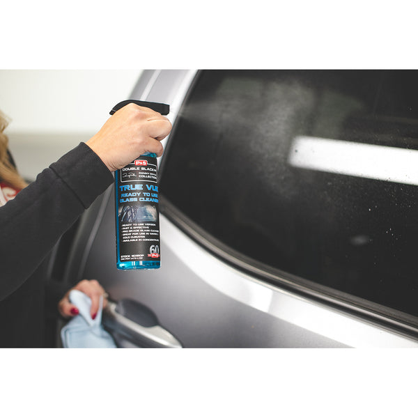 P&S true vue ready to use glass cleaner 16oz bottle spraying on window.