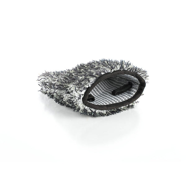 Black and white microfiber wheel mitt on a white background