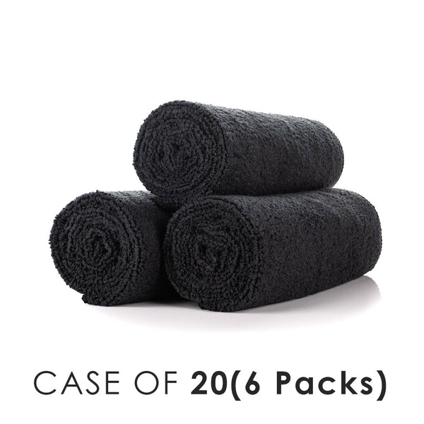 Spa and Workout 16x27 black rolled view with the text "Case of 20 (6 Packs)" on a white background.