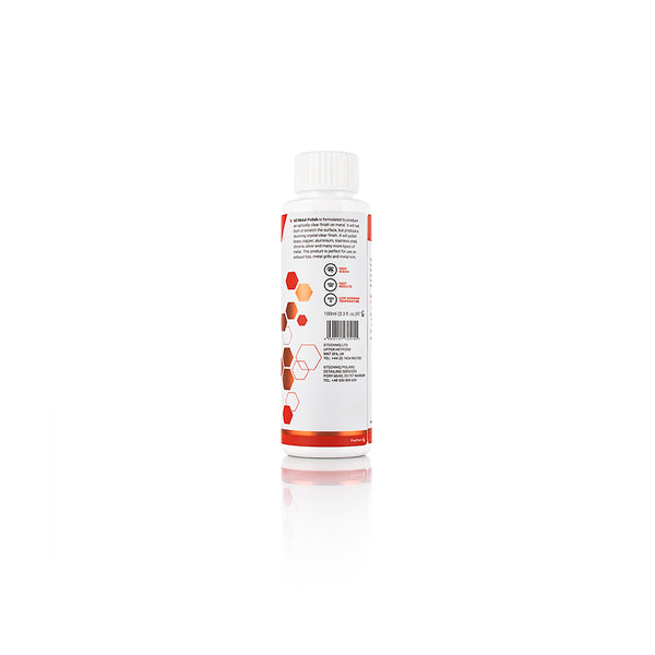 The back of a bottle of gtechniq Metal Polish on the back of white background. 