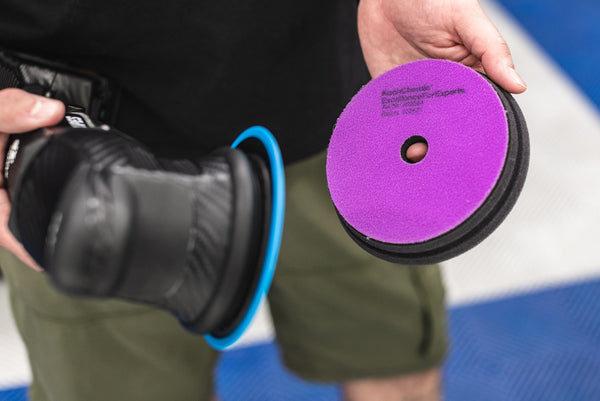 KochChemie Micro Cut pad being put onto a Rupes Polisher.
