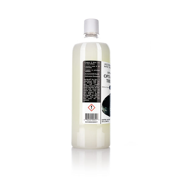 The back of a bottle of Optimum Opti-Bond Tire Gel on a white background.
