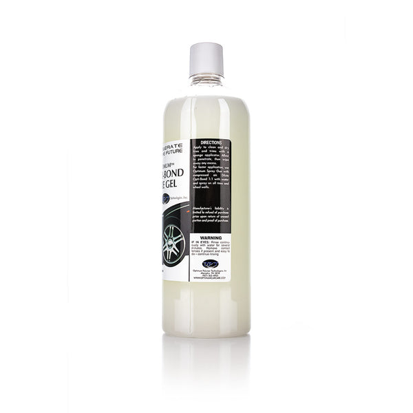 The back of a bottle of Optimum Opti-Bond Tire Gel on a white background.