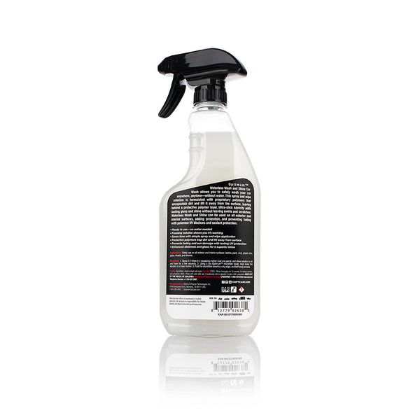 The back of a bottle of Optimum Waterless Wash on a white background.