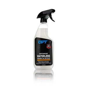 A spray bottle of Optimum Waterless Wash on a white background.