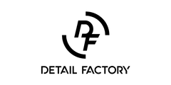 Black logo of Detail Factory on a checkered background