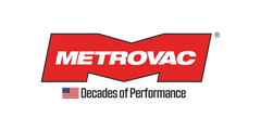 Metrovac logo with red and white colors on a checkered background