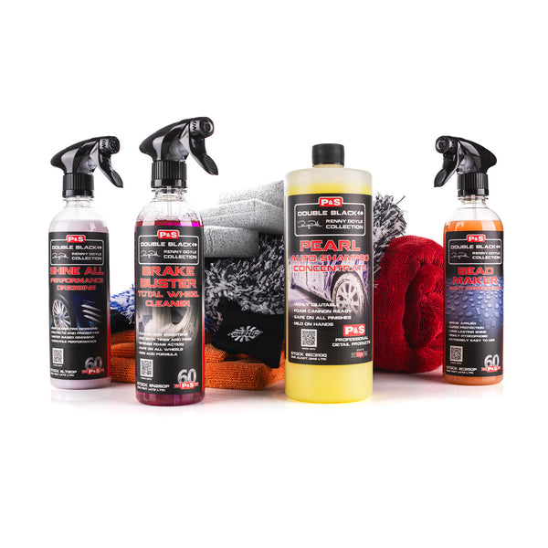 Black Friday Sale 2024 Basic Exterior Kit Bottles, Towels, Mitts, and sponges on a white background. 