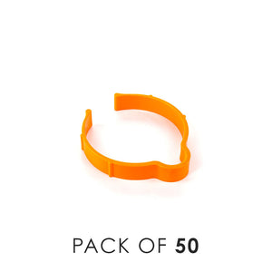 An orange Yellotool speed clip on a white background with the text 'Pack of 50'.
