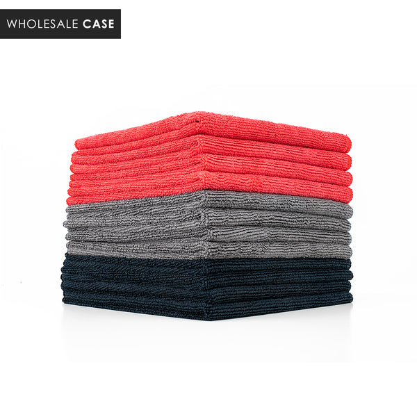 A stack of black, grey, and red towels on a white background with the text 'Wholesale Case'.