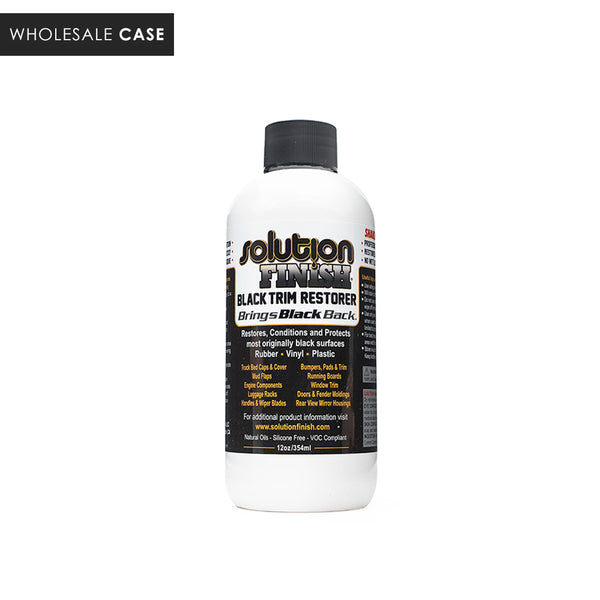 A bottle of Solution Finish Black Trim Restorer on a white background with the text 'Wholesale Case'. 