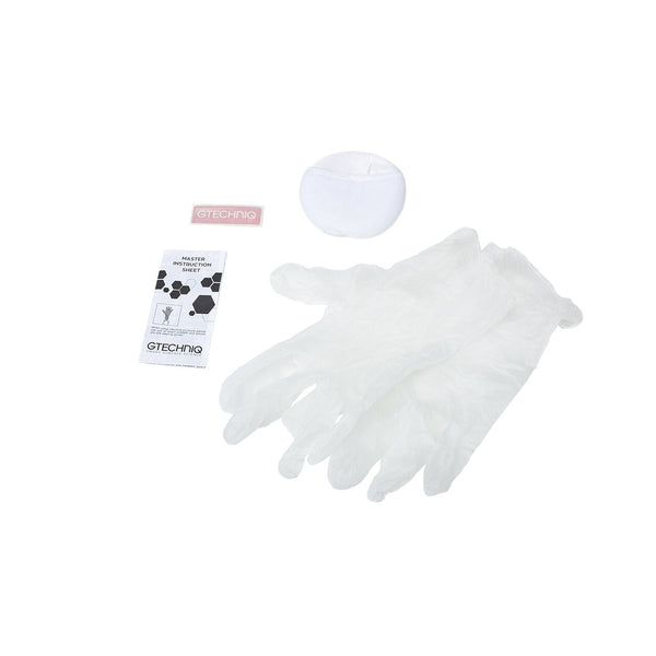 Included with the bottle of protectant is a pair of gloves, instructions, lint-free microfiber applicator pad, and Gtechniq sticker