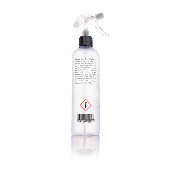 The back of a spray bottle of Opti-Coat Glass Cleaner on a white background.