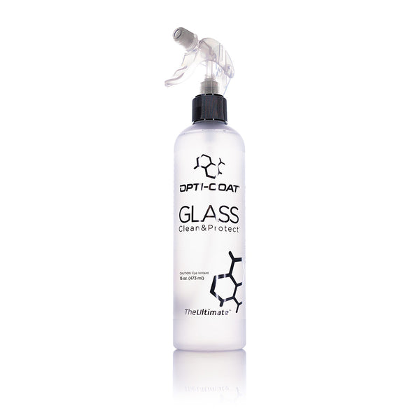 A spray bottle of Opti-Coat Glass Clean and Protect on a white background.