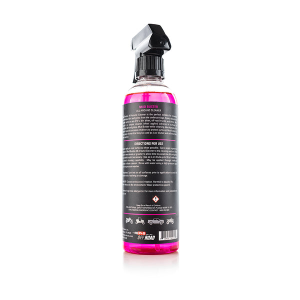 The back of a spray bottle of P&S Mud Buster on a white background.