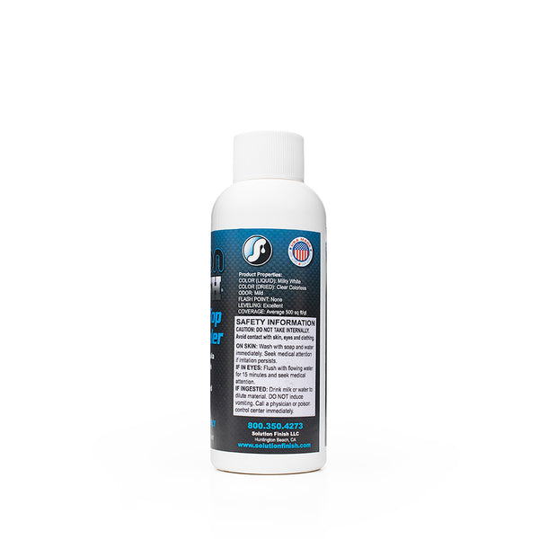 The back of a bottle of Solution Finish Over the Top Plastic Sealer on a white background.